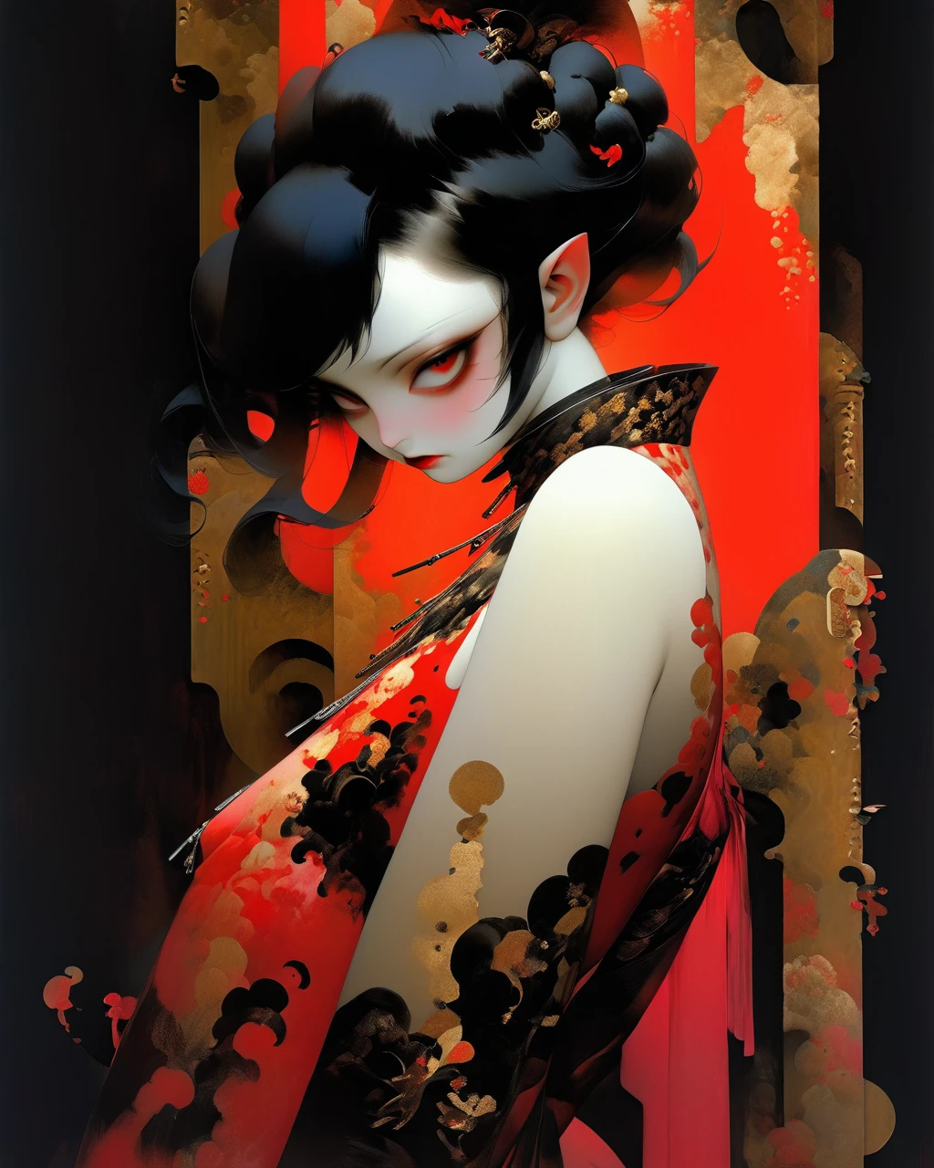   1 Devil Girl , Gradient color
( mechanical arm in black hair with zipper ),
 Long neck red leather stockings with geishas 
(art by Yoshitaka Amano ), 