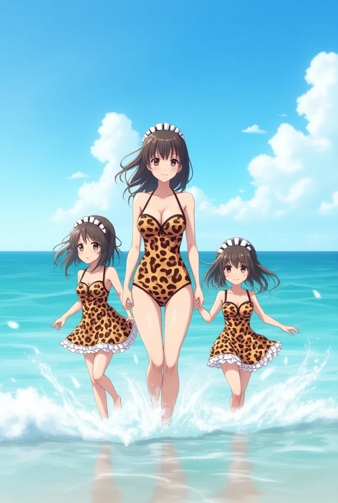 4K,(Highest quality), (Masterpiece), (Very rich depiction of light and shadow),intricate textures,elaborate,1girl,2boys, (1girl between two Little boys, Boys Hugging Girl),(1girl,JS,120cm,Hime cut,Super long straight black hair,Very young face, Blue eyes, Happy face, Very big round breasts,  Adorable eyes, A white sundress adorned with white lace、The clothes are see-through、Accentuate your breasts、Nipples are visible、My chest is grabbed),(Two Little boys,low length、90cm、No hair、Close ~ eyes、Open your mouth、A feverish expression),Summer Sea