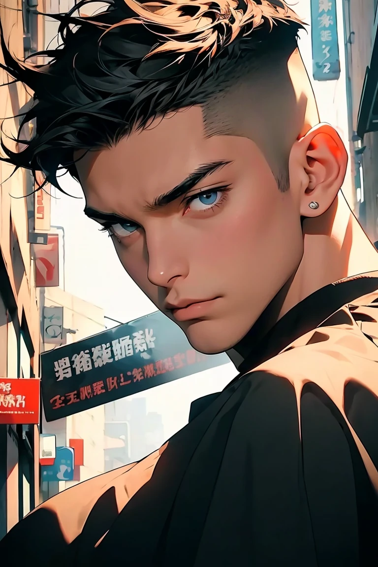 Highest quality, 8k, High-resolution images, Anime Style Jujutsu Kaisen, Toji Fushiguro, Lift your head, Put a hand on the jaw, Fine strokes, fair skin, Blurred, low angle, The purple light reflecting off, (Full body portrait), View from below, 1 person, young, male, Model, Cool male, Muscular, Shaved body, smile, front, View from the front, blue eyes, brown very short hair, Brown Hair, short hair, Hairstyle: undercut, I slicked my hair back, He is wearing a black T-shirt, leather jacket, Lift your chin, Black sweatpants, Hands stroking her hair, sneakers. background: city, Streets of the big city, Hands clasped above head