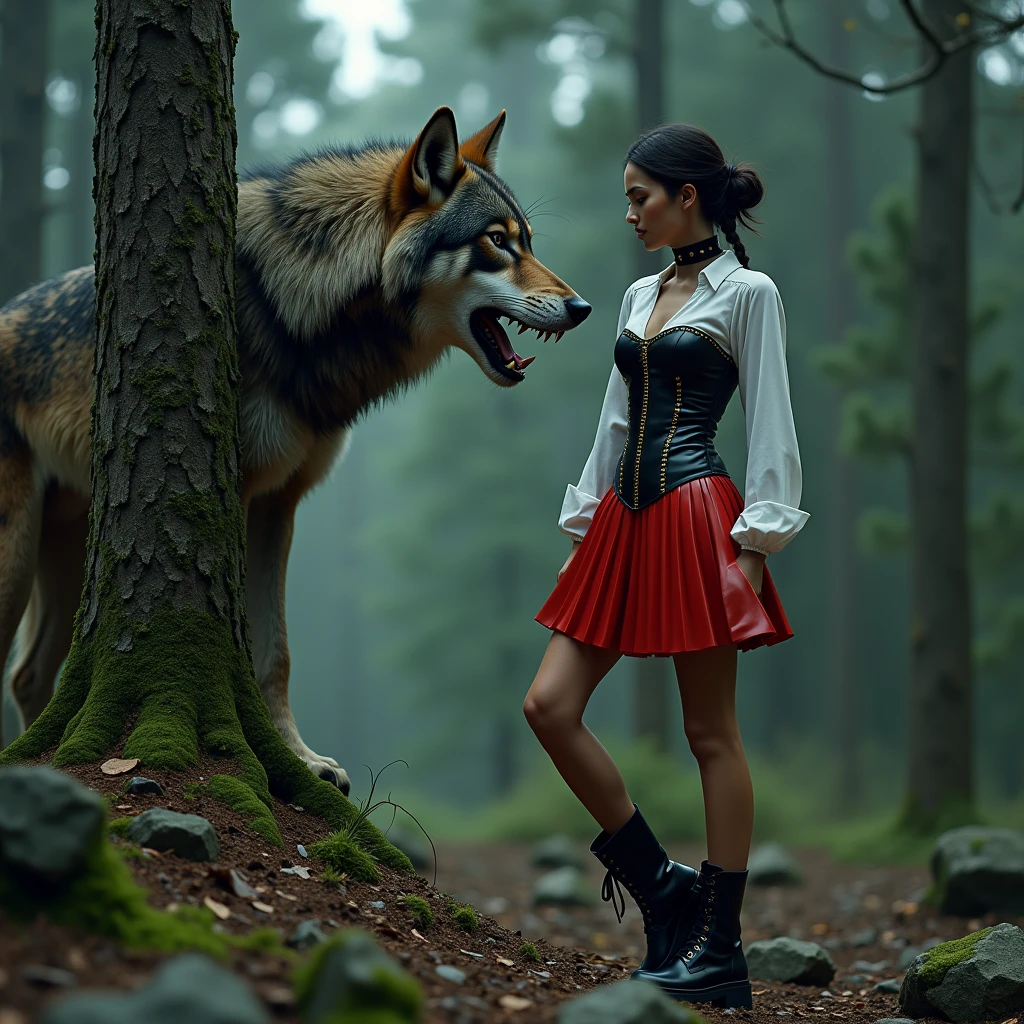 masterpiece, best quality, expressive eyes, perfect face, large breast, small waist, perfect figure, highly detailed, showing cleavage, brown eyes, bangs, full body portrait, in the misty woods, wearing hood, corset dress, pleated skirt, black stockings.((standing near a red werewolf ))