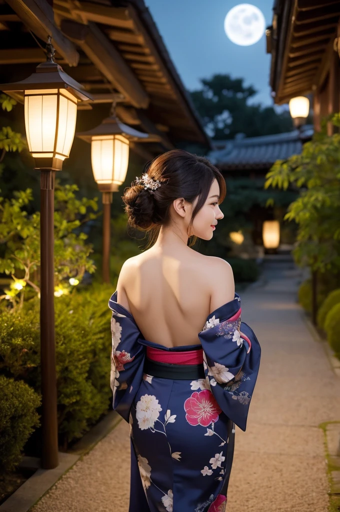 Under the mesmerizing moonlight, in a serene Japanese garden, a beautiful woman in a partially undone kimono reveals her elegant shoulders and back. Her demure yet seductive gaze is full of hidden secrets. As she gracefully strolls along the garden path, she occasionally pauses to offer a fleeting smile towards the moon. The soft illumination of traditional lanterns creates an enchanting atmosphere, while her loosely tied hair waves gently, adding to her elegance and allure.