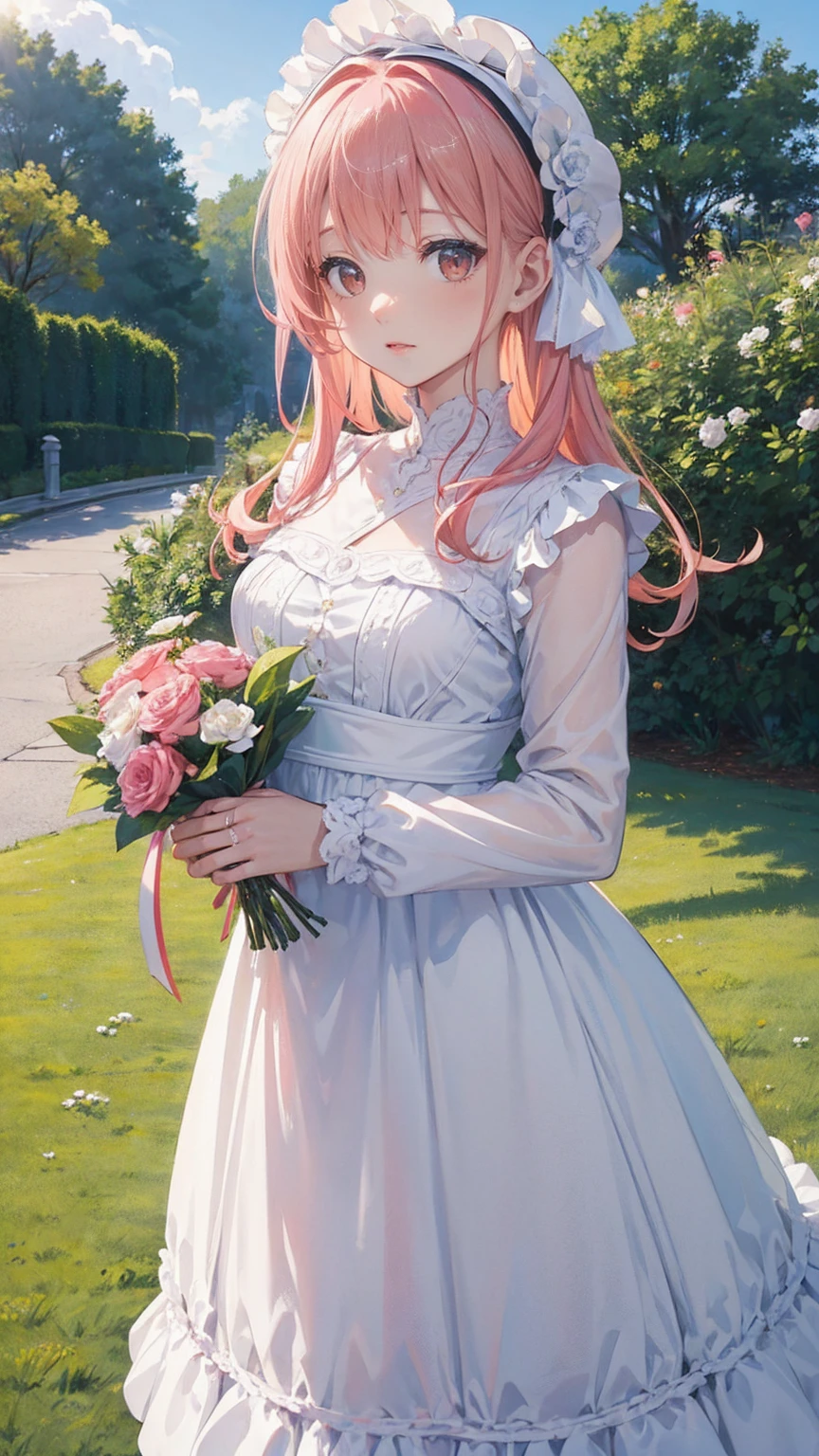 ((masterpiece,  best quality)),  1 girl, flower, Alone, dress, holding, null, cloud, Have, Outdoor, bangs, bouquet, rose, expressionless, ,  Pink Hair, flower field, Red Flower, Pink Eyes, white dress,  viewers,  Medium Hair , Holding flowers, Small breasts, red rose, holding bouquet, sun Have,  white headwear,  depth of field,