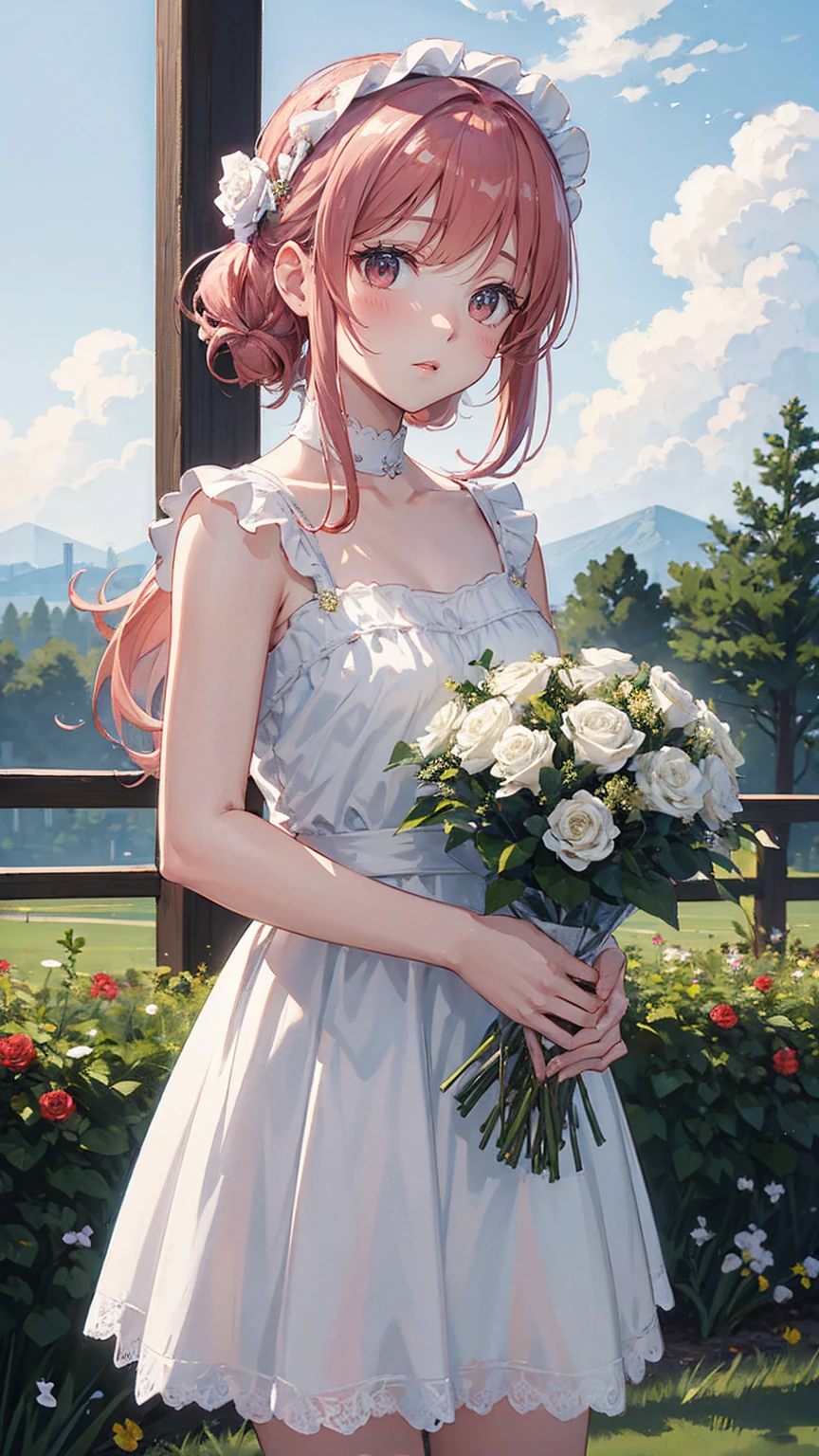 ((masterpiece,  best quality)),  1 girl, flower, Alone, dress, holding, null, cloud, Have, Outdoor, bangs, bouquet, rose, expressionless, ,  Pink Hair, flower field, Red Flower, Pink Eyes, white dress,  viewers,  Medium Hair , Holding flowers, Small breasts, red rose, holding bouquet, sun Have,  white headwear,  depth of field,