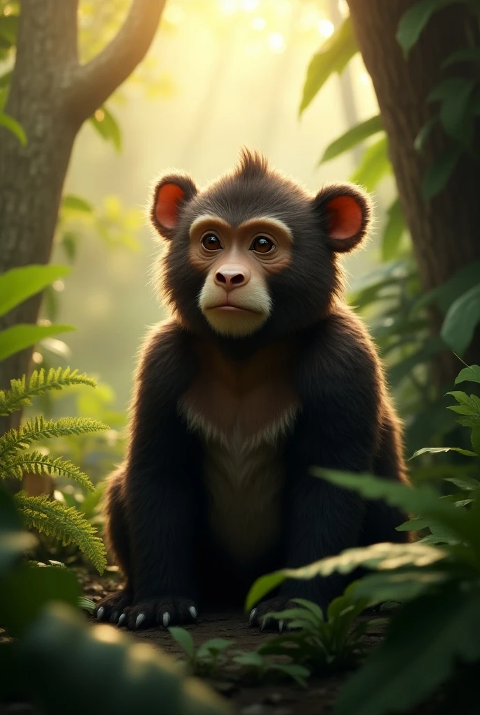 A monkey,on a branch,Beautiful forest,with blue sky and white clouds