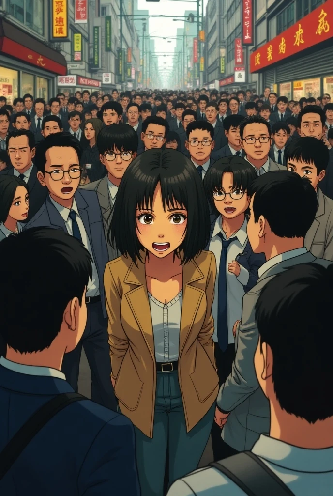 Walking nudist girl with glasses、A lot of naked  boys who are close friends crowd together.、surround each other&#39;face、group photo、dynamic angle、tourist destination
