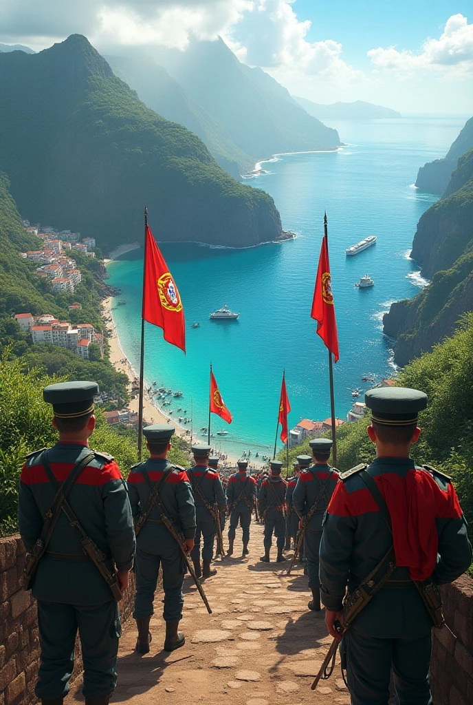 Thousands of troops, realistic, crossing a single-wood bridge,