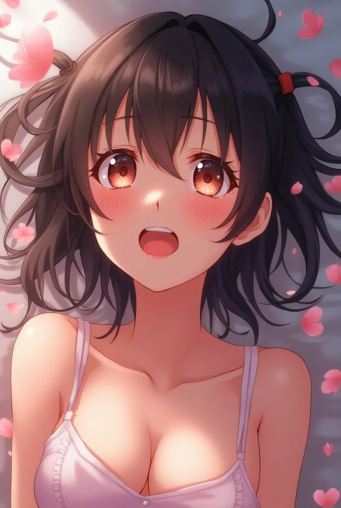 (1 girl), (Masterpiece, ultra-high quality, perfect anatomy, perfect body, perfect face, HD quality, best quality, best lighting, bedroom setting, perfect quality), (Vanellope von Schweetz) , (black hair with colored sprinkles, twintail hairstyle, red ribbon, large brown eyes, pink blush on cheeks, content expression, edgcatlingerie, wearing edgcatlingerie, cat cutout, cleavage cutout), (laying on bed, on her back), (large breasts, huge breasts, big breasts:1.8), (slim thighs, slim waist, medium sized ass: 1.3), hot female, pov from above, (breedable, lust in eyes, lust, horny), blushing, embarassed, making kissy face, wants to kiss viewer