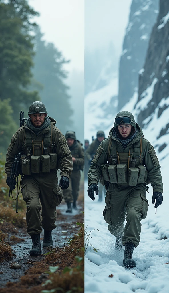 A group of male soldiers stand on the snow,Sharply defined,Good facial features