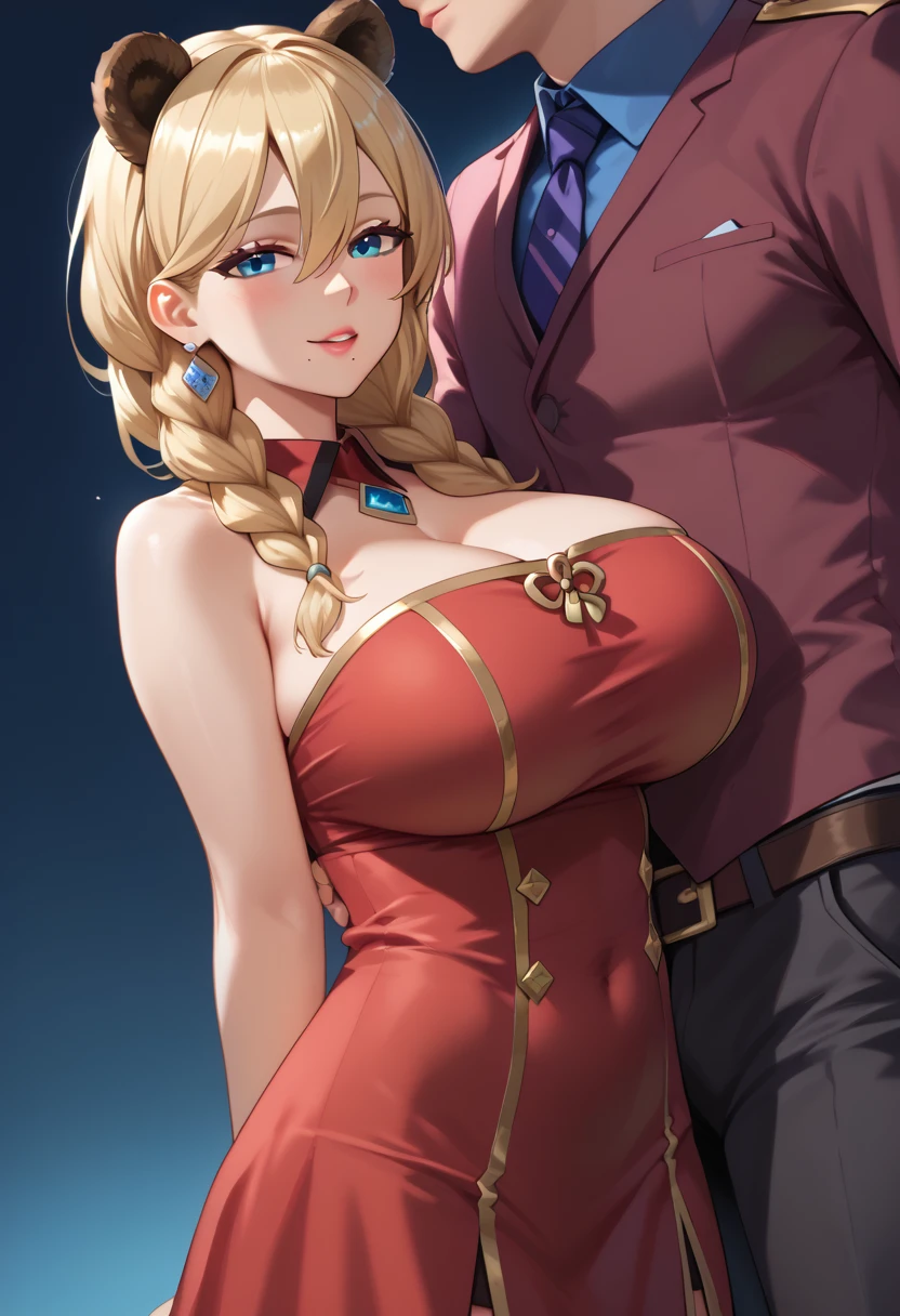 frgrnd, blue eyes, ((detailed face 1.5)), blonde hair, long hair, hair over shoulder, twin braids, hair between eyes, close up 1.2, bear ears, mole under mouth, gigantic breasts, (wearing a red dress with exposed back 1.8), (fucking a man' s big hard dick 1.2), anal penetration 1.6, standing, in a futuristic gala 1.88
