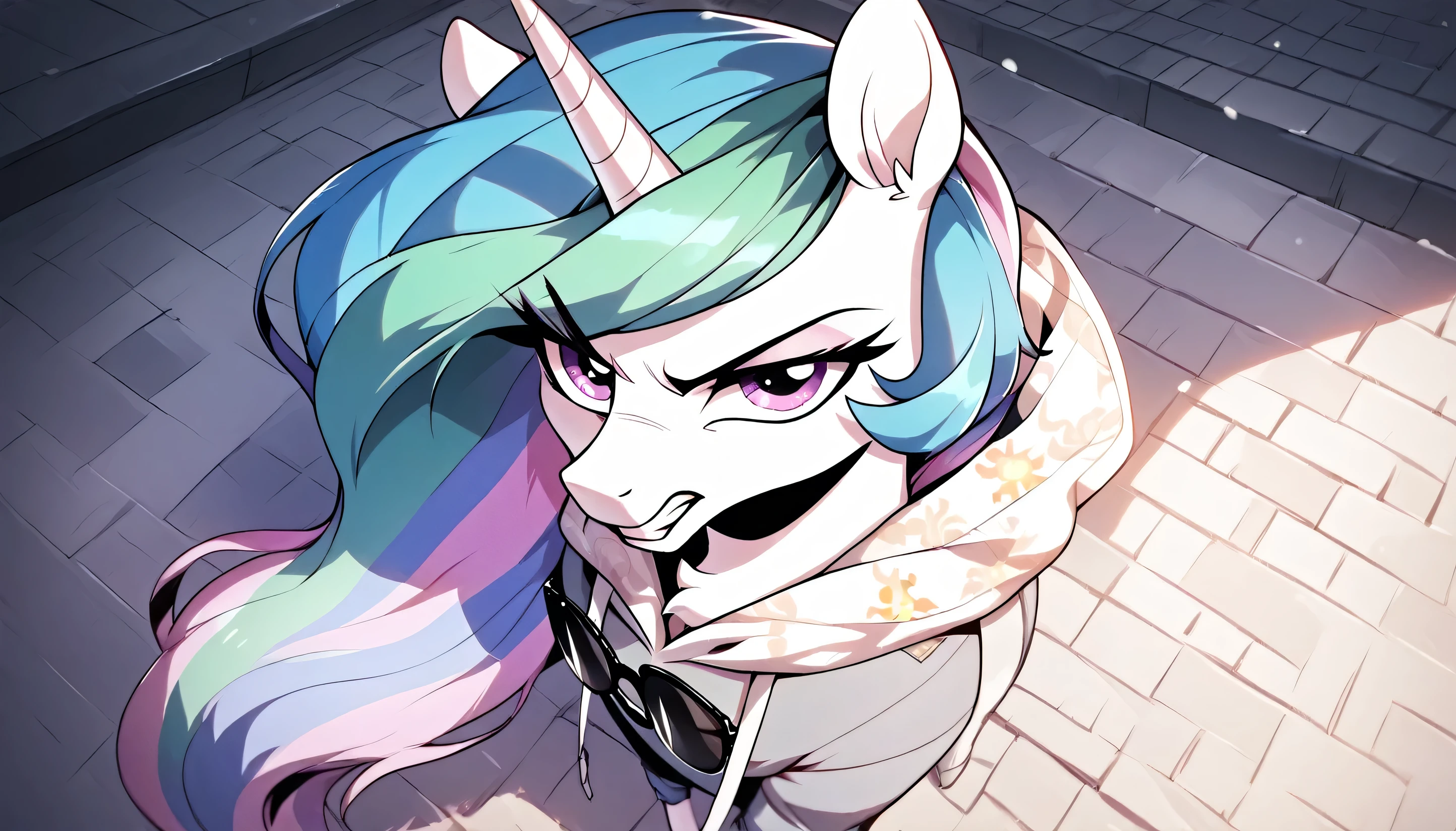 score_9, score_8_above, score_7_above, score_6_above,  A serious female unicorn unicorn ,  Princess Celestia in My Little Pony ,  He is represented wearing a sweatshirt dark and sunglasses with tinted lenses that shine in sunlight..  Celestia's mane flows in a wavy pastel pattern ., with shades of blue, green,  and pink are mixed together .  She is looking at something out of the frame with a disgusted expression ..  The stage is an urban environment with multi-story buildings ., Snow on the ground, and a clear winter day .  In her extended magical aura ,  There is a smartphone with a snowflake logo on its back ..
