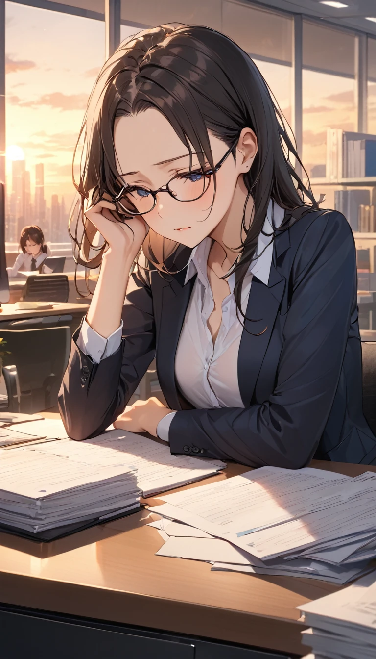 masterpiece, Wearing glasses, Black Hair, forehead, woman, Office, evening, Tired look,  work surrounded by documents ,  junior men notice , 頑張るwoman,  slightly tired atmosphere , desk work, 夕日が差し込むOffice