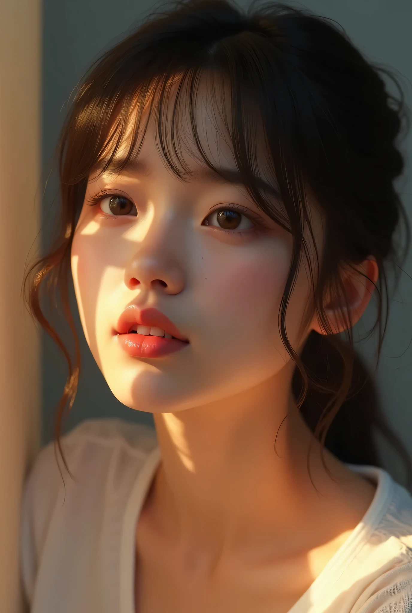 dressed, (photo realistic:1.4), (hyper realistic:1.4), (realistic:1.3),, (smoother lighting:1.05), (increase cinematic lighting quality:0.9), 32K,, 1girl,20yo girl, realistic lighting, backlighting, light on face, ray trace, (brightening light:1.2), (Increase quality:1.4),, (best quality real texture skin:1.4), finely detailed eyes, finely detailed face, finely quality eyes,, (tired and sleepy and satisfied:0.0), face closeup, t-shirts,, (Increase body line mood:1.1), (Increase skin texture beauty:1.1)