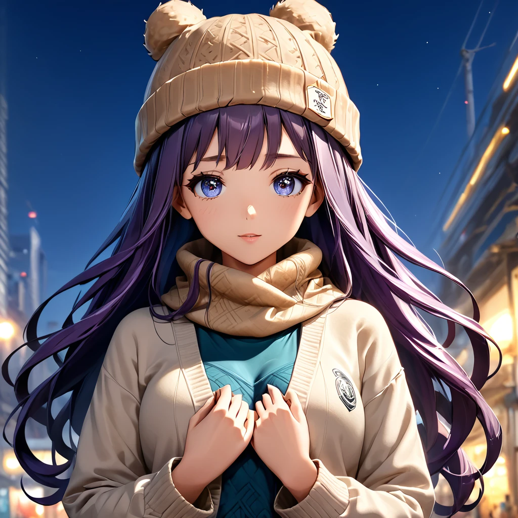 Masterpiece, 4k, HDR, full HD, (best quality), (ultra detailed), (only), intricate ANIME TYPE, best quality, 1girl, very expressive eyes, deep purple hair , hyper beautiful face, purple hair, perfect anatomy, shiny skin, full body, alone (shiny purple hair, long hair), looking at viewer, bright blue eyes, perfect hands, perfect legs, super detailed clothes, intricate clothes, Comfortable and cozy look: Long gray knit cardigan, thermal leggings, camel UGG boots and wool hat with pompom. Accessories: infinity scarf and crossbody bag. hyper detailed cloths, super detailed face, detailed eyes, super detailed skin, super detailed quality, eyes closed, 