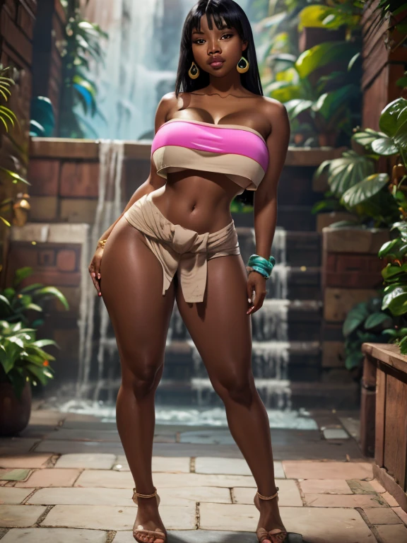 Hot naked African American woman in a hot spring with huge boobs standing up