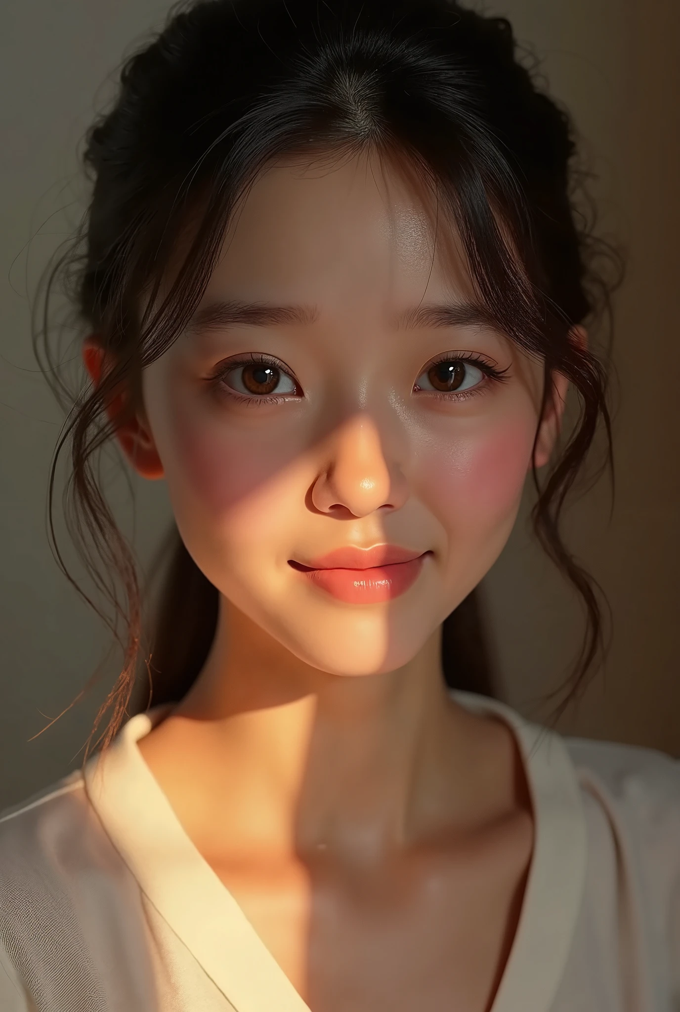 dressed, (photo realistic:1.4), (hyper realistic:1.4), (realistic:1.3),, (smoother lighting:1.05), (increase cinematic lighting quality:0.9), 32K,, 1girl,20yo girl, realistic lighting, backlighting, light on face, ray trace, (brightening light:1.2), (Increase quality:1.4),, (best quality real texture skin:1.4), finely detailed eyes, finely detailed face, finely quality eyes,, (tired and sleepy and satisfied:0.0), face closeup, t-shirts,, (Increase body line mood:1.1), (Increase skin texture beauty:1.1)