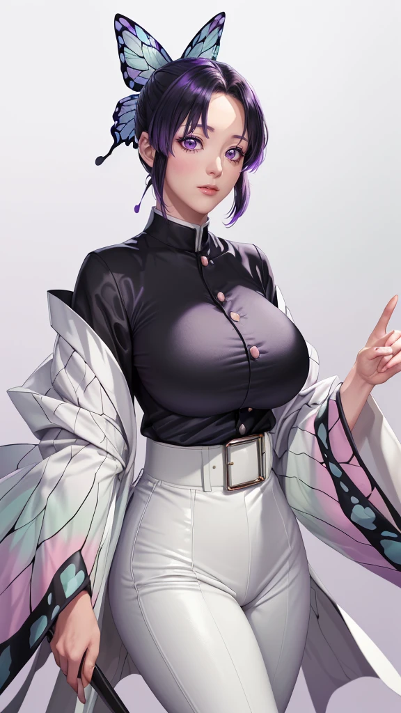 (（（figure，御姐figure,White and tender skin,（（haori, wide sleeves, long sleeves, black pants, black jacket, belt，）））,(（（kochou shinobu, butterfly hair ornament, purple eyes, multicolored hair, short hair, parted bangs, ））),,((masterpiece)),highres,((Best quality at best)),masterpiece,quality,Best quality,(（（  exquisite facial features , for the audience ,））），Huge breasts，）））