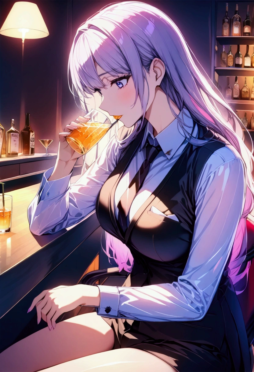 Ultra high resolution, masterpiece, accurate, anatomically correct, ultra detailed, attention to detail, high quality, top quality, (beautiful woman drinking at a bar), (sitting on a chair), (business suit: 1.3), (over the counter angle), (dark bar)