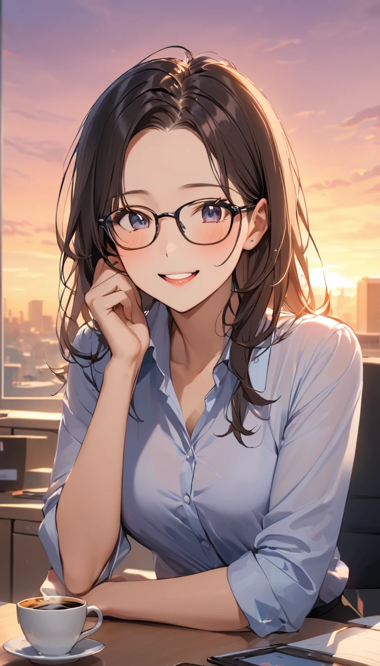 masterpiece, Wearing glasses, Black Hair, forehead, ,woman, male, Office,  Offer Coffee, Surprise expression, smile,  Gratitude , evening, Warm Moments ,  Sunset 