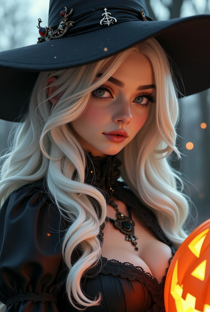 Halloween portrait in costume,photorealistic,HD,masterpiece,best quality,ultra-detailed,1girl,pumpkin,white hair,night,black witch hat,jack-o'-lantern,