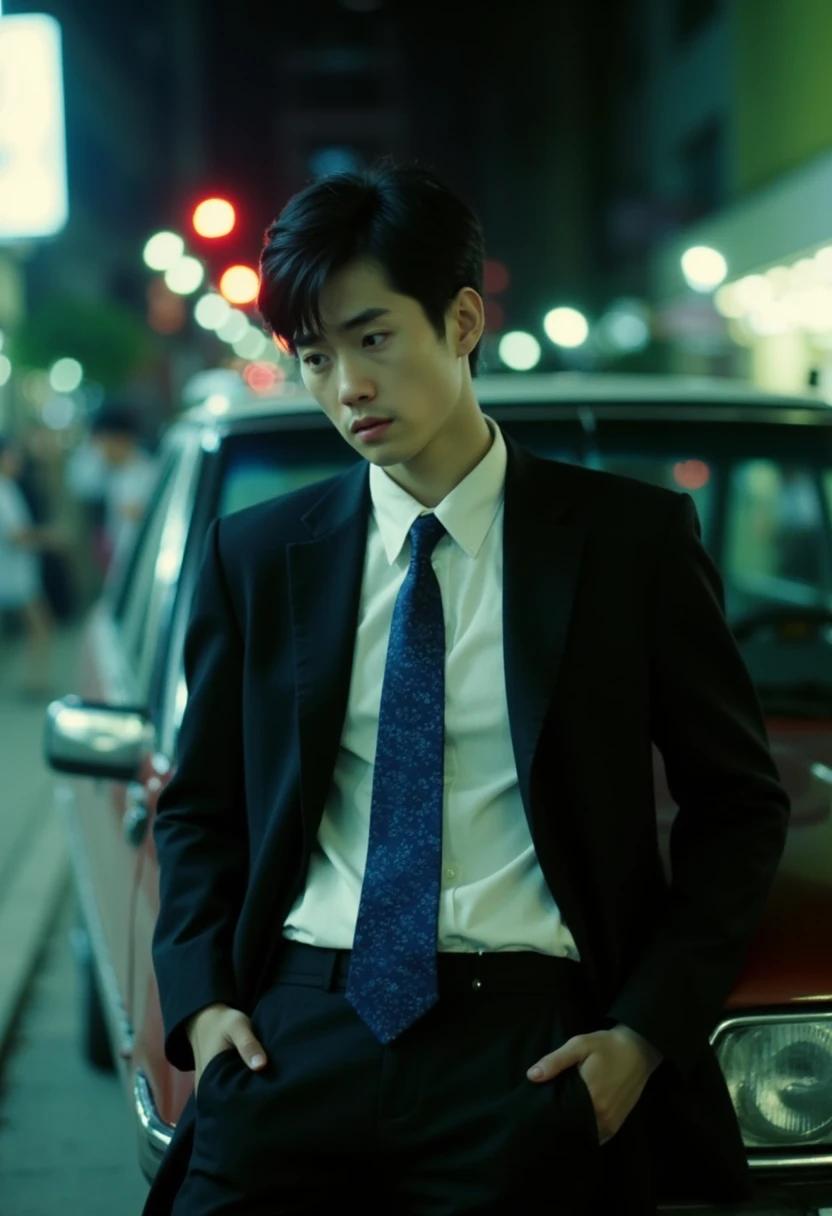  cinematography ,  Realistic , retro,  film noise, Wong Kar-wai , bright lighting, One,  young guy in a black suit and a blue tie,  strict expression  , hand in pocket,  he leans on a car , blurry, hips.  black hair . thick eyebrows. Korean