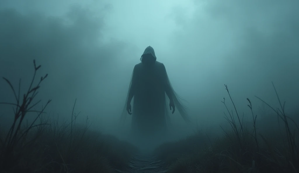 "In a dark and eerie atmosphere, a person stands alone in an unknown place. From behind, a ghostly or terrifying creature with glowing eyes appears to be watching them. Shadows seem to wrap around them, and the details of the creature are highlighted in a faint light, adding a strong sense of fear and anticipation.