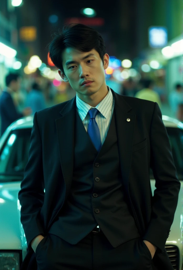  cinematography ,  Realistic , retro,  film noise, Wong Kar-wai , bright lighting, One,  young guy in a black suit and a blue tie,  strict expression  , hand in pocket,  he leans on a car , blurry, hips.