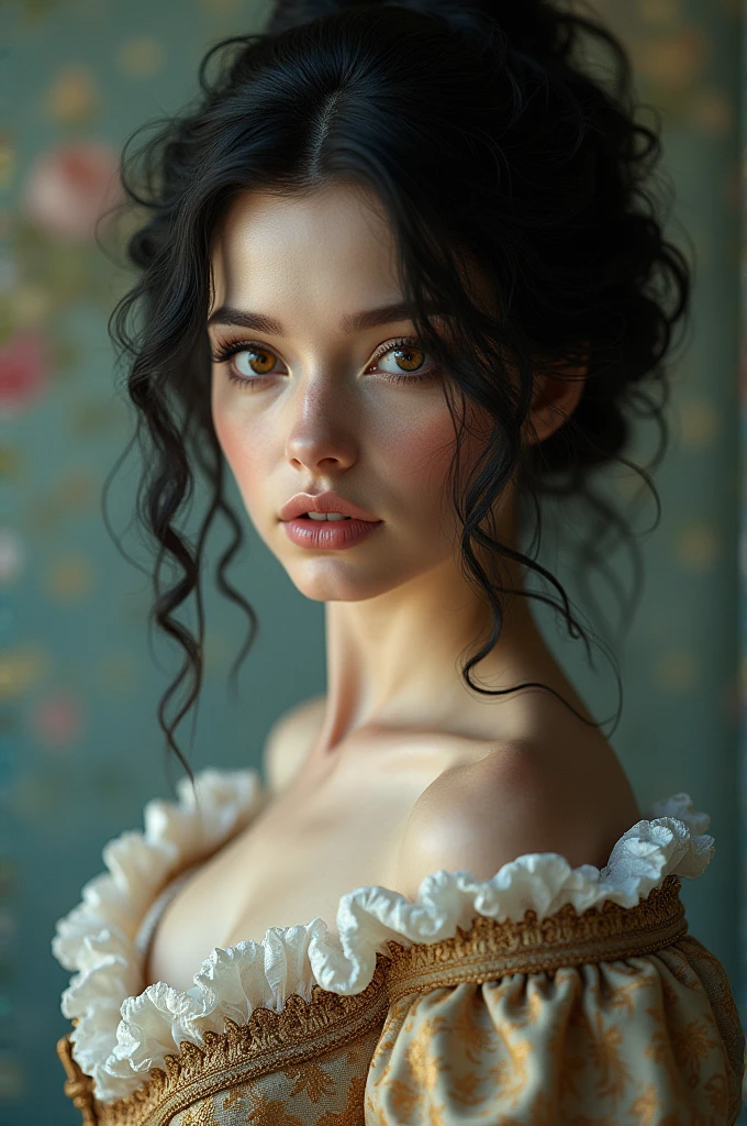 Beautiful Victorian era woman with hair as black as night but white as milk, blue eyes with a perfectly proportioned body with beautiful big breasts and a perfect waist. She is dressed in a typical Victorian dress in the year 1868 in lilac color.
