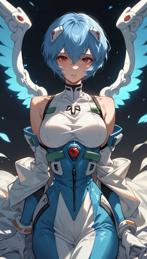 blue hair、short hair、rei ayanami、1 girl、shiny hair、tight waist、small waist、glowing skin、angelic suit、eight-headed body、beauty、