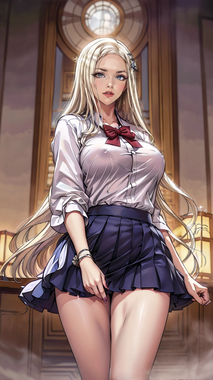  1 girl, nsfw, masterpiece,  best quality, slender girl with Hourglass-shaped body and Big Breasts, Alone, , cute,  digital blending {x} shy girl, (( girls wear school uniforms ,  short pleated skirt , White blouse, South Koreaの学生服)), sexy,  girls showing attractive breasts , (( Platinum Blonde Hair , Long Hair)), Pink Eyes, Detailed eyes,  beautiful eyes, Delicate eyes, ((Hourglass-shaped body, sexy body)),  correct anatomy , Correct limbs, (( Big Breasts, Large Breasts)), Juicy lips, Plump lips, [ detailed background (South Koreaの学校, South Koreaの高校, Seoul, South Korea)]
