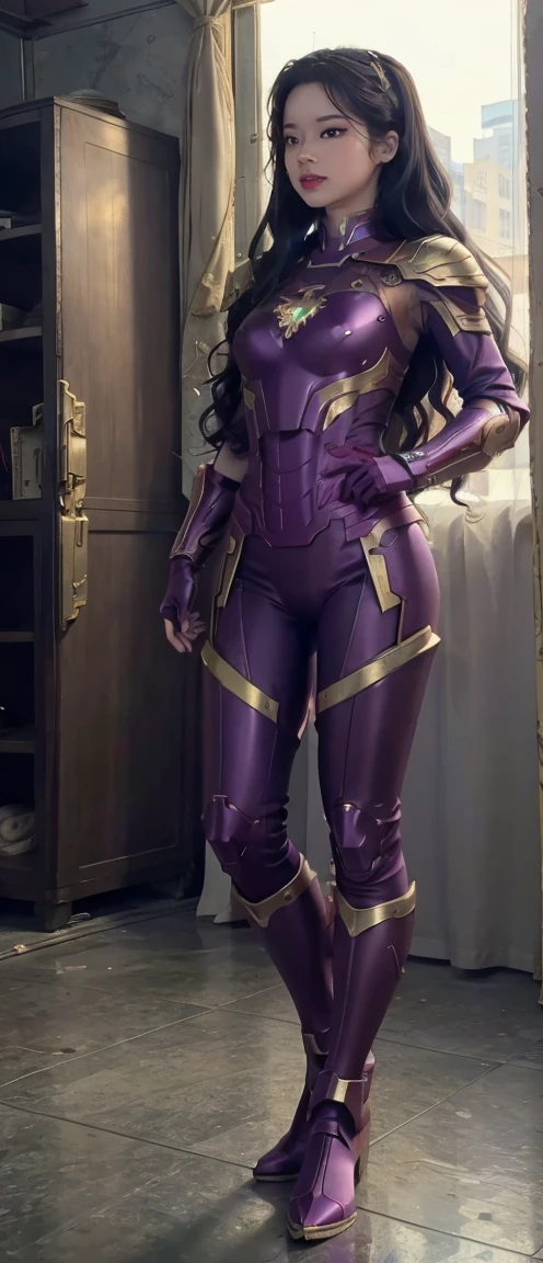 Full Body Photo. Standing in a full height. Studio Background. 8k HD good quality image. Dahyun from TWICE has an ideal body, big breast, big butt, sexy wavy body, straight long hair, wearing a COLOURED Purple Iron Man armor without the helmet. Purple Iron pants. Blue Iron Boots. Mechanical big Purple hands. FULL BODY FROM HEAD TO TOE. Standing in a FULL HEIGHT FROM HEAD TO TOE. 

The picture must show a complete head to toe picture of Dahyun