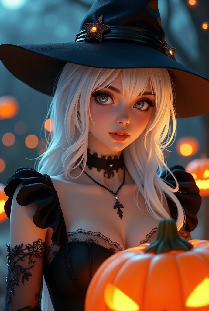 Halloween portrait in costume,photorealistic,HD,masterpiece,best quality,ultra-detailed,1girl,pumpkin,white hair,night,black witch hat,jack-o'-lantern,