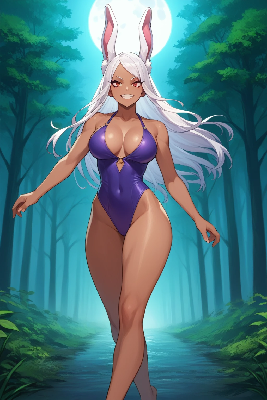 Image of Myrko (My Hero Academy),long hair, red eyes,sexy, tanned skin,tense expression, long white hair, big breasts, (( rabbit ears), thick thighs, Full Legs. ( wears a purple swimsuit with bodice ties, black cover))) smile,Alone.  perfect anatomy . she is walking through the sinister forest , surrounded by fog and dry trees ,  illuminated by the full Moon 