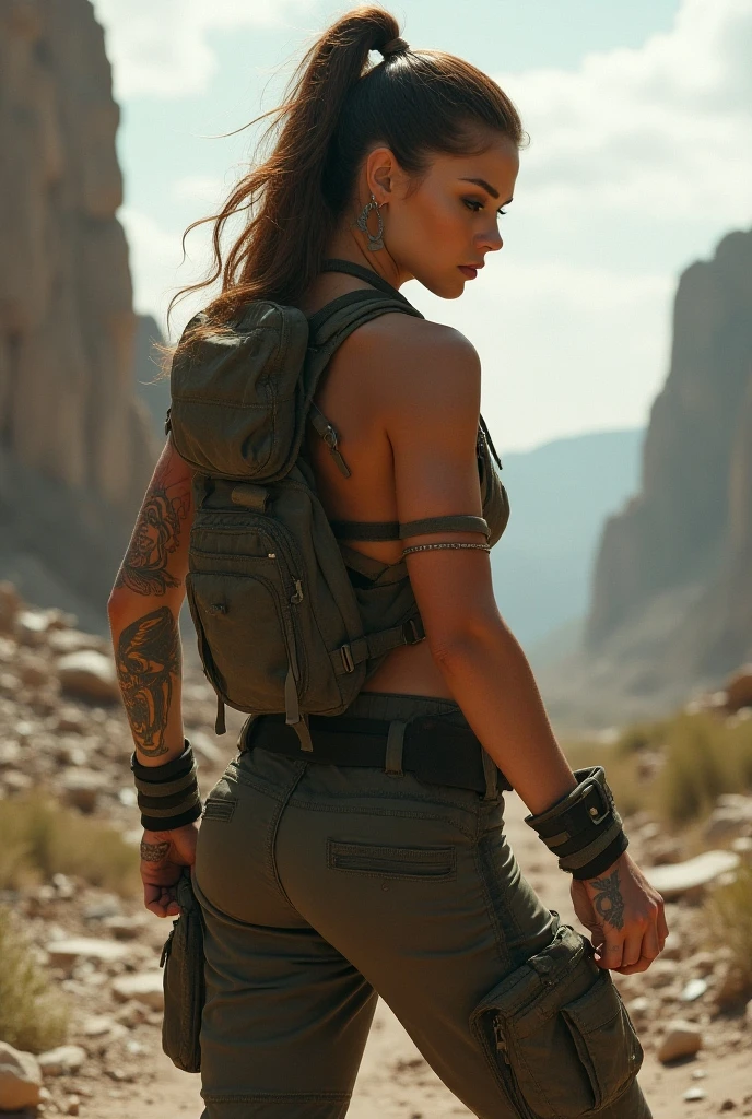 rear angle, Foto en color RAW muy oftallada, rear angle, Whole body, of (female space soldier, unclothed, hull, spiked face shield, recycler, accented booty), outdoor, (looking towards advanced alien structure, on an alien planet), toned body, big butt, (Science fiction), (mountains:1.1), (exuberante vegetación verof), (two moons in the sky:0.8), (muy oftallado, hiperoftallado, Intricate), ((DAY HOUR)), (Destello of lente:0.7), (bloom:0.7), efectos of partículas, trazado of rayos, cinematic lighting, shallow ofpth of field, photographed with a Sony a9 II, Lente gran angular of 50 mm, sharp focus, Fotograma cinematográfico of Gravity 2013., ofsof atrás