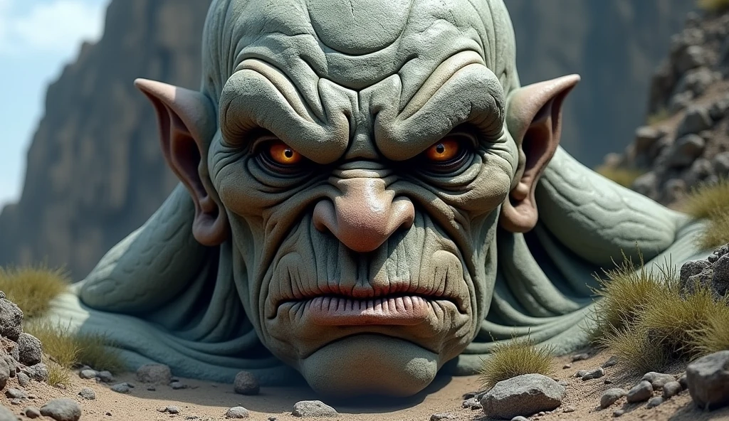 a stone bust sculpture of an orc with a pedestal, detailed facial features, intricate textures, dramatic lighting, gritty realism, chiaroscuro shading, muted earthy tones, cinematic composition, muscular powerful figure, menacing expression, stone carved surface details, ornate pedestal design, masterpiece, ultra-detailed, award-winning digital art