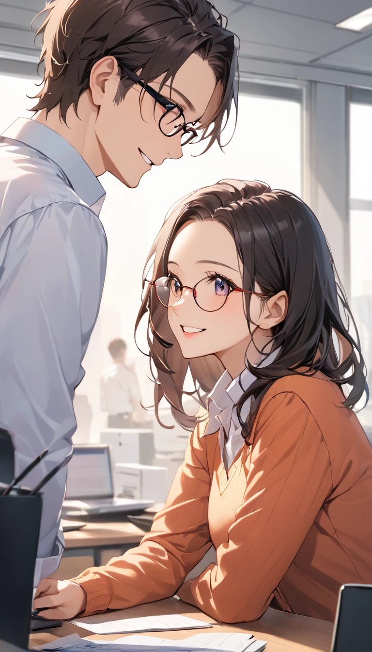 masterpiece, Wearing glasses, Black Hair, forehead, woman, male, Office, conversation,  Relaxed Atmosphere , between work, 親密なconversation, Smile a little, Relaxed atmosphere between desk work , Looking at each other
