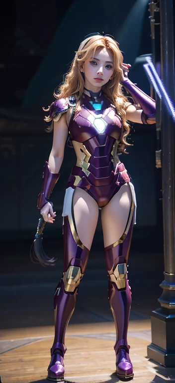 Full Body Photo. Standing in a full height. Studio Background. 8k HD good quality image. Dahyun from TWICE has an ideal body, big breast, big butt, sexy wavy body, straight long hair, wearing a COLOURED Purple Iron Man armor without the helmet. Purple Iron pants. Blue Iron Boots. Mechanical big Purple hands. FULL BODY FROM HEAD TO TOE. Standing in a FULL HEIGHT FROM HEAD TO TOE. 

The picture must show a complete head to toe picture of Chaeyoung