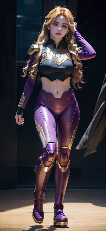 Full Body Photo. Standing in a full height. Studio Background. 8k HD good quality image. Dahyun from TWICE has an ideal body, big breast, big butt, sexy wavy body, straight long hair, wearing a COLOURED Purple Iron Man armor without the helmet. Purple Iron pants. Blue Iron Boots. Mechanical big Purple hands. FULL BODY FROM HEAD TO TOE. Standing in a FULL HEIGHT FROM HEAD TO TOE. 

The picture must show a complete head to toe picture of Chaeyoung