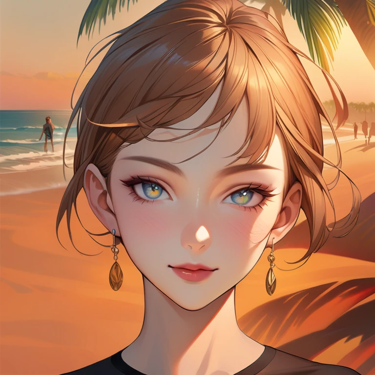 A beautiful young woman with detailed eyes, long eyelashes, and a sexy evocative smile stands on a beach, wearing a white shirt, pantyhose, and earrings. She has shiny skin, a slight blush, and skin indentation. The scene includes palm trees and a crowd in the background. The image is a realistic, high-quality masterpiece, with perfect facial features, sharp focus, and trending on ArtStation and CGSociety.