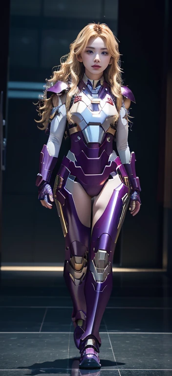 Full Body Photo. Standing in a full height. Studio Background. 8k HD good quality image. Dahyun from TWICE has an ideal body, big breast, big butt, sexy wavy body, straight long hair, wearing a COLOURED Purple Iron Man armor without the helmet. Purple Iron pants. Blue Iron Boots. Mechanical big Purple hands. FULL BODY FROM HEAD TO TOE. Standing in a FULL HEIGHT FROM HEAD TO TOE. 

The picture must show a complete head to toe picture of Chaeyoung