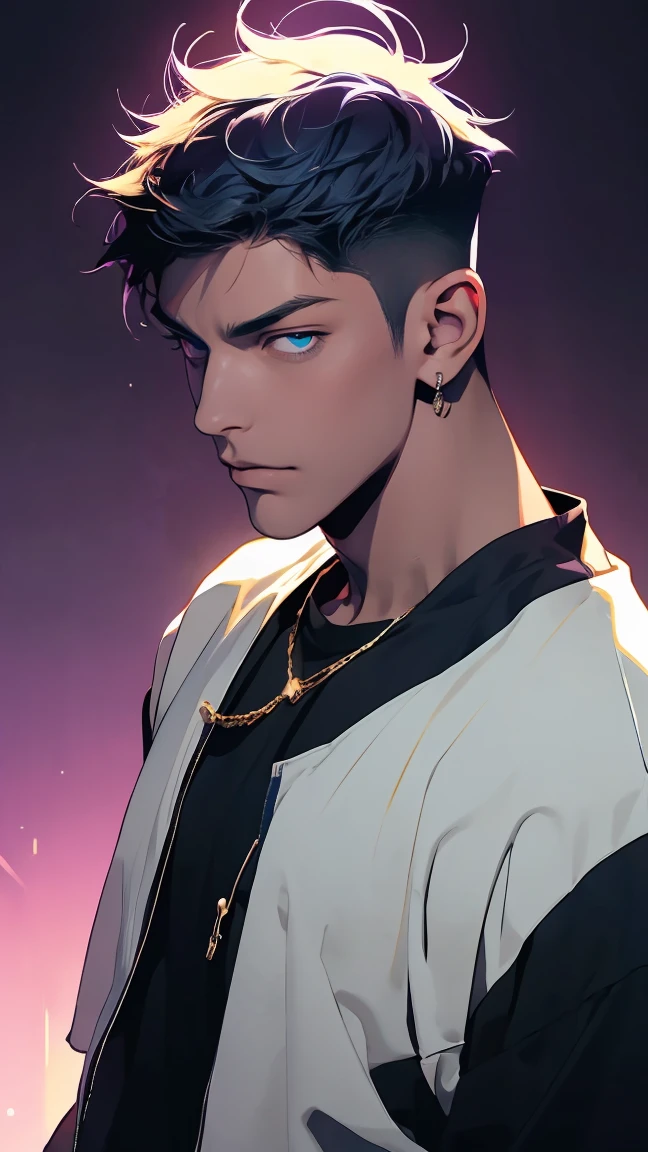 highest quality, 8K, high resolution image, anime style Jujutsu Kaisen, (Daiki Aomine), dark skin, detailed strokes, smile , blurred, happy face, purple light reflecting from it, 1 man, male, strong Man, muscular trained body, sportsman, cool guy, multicolored Background with various geometric shapes, around stickers, muscular, short Hair, darkblue hair, spiky hair, short Hair, swollen chest, turquoise eyes, He is wearing a white T-shirt and sweatpants, jacket open, gold chain, background: night, in a dance club, party, he is in a private area with champagne,