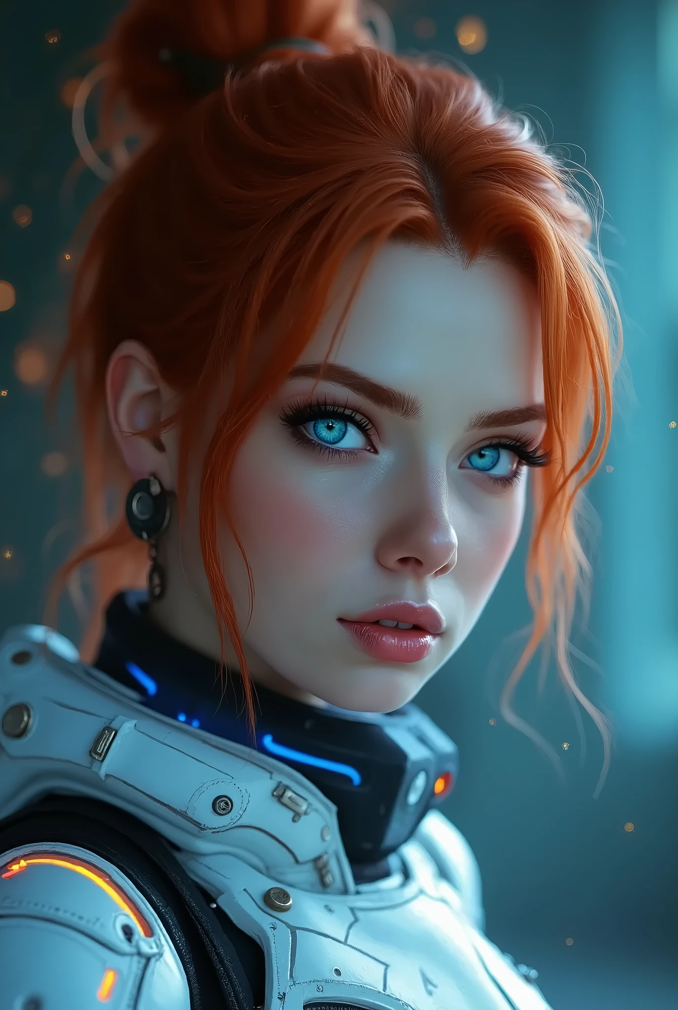 a stunning Nova Starcraft Terran Ghost Sniper (Sarah Kerrigan), most beautiful, 21 years old, digital art, inspired by tomasz alen kopera, gothic art, intricate skeletal decorations, 8 k highly detailed, a detailed full body photo of a female with Terran Ghost white Tactical Stealth Suit with neon light (inspired by Starcraft 2 game), Smile, calm face, tight lip, happiness, looking at viewer, front view, central, Messy bun ponytail hair, (ginger Red hair), detailied hair, beautiful Blue eyes, detailed eyes, (Wearing full body Terran Ghost white tactical stealth suit and headset) ((inspired by Starcraft 2)), (full body suit), (psionic energy body suit, neon light), skintight biomech exo suit, (realism), (masterpiece: 1.2), (best quality), (ultra detailed), (8k, 4k, intricate), (85mm), light particles, lighting, (highly detailed: 1.2), (detailed face: 1.2), real life, xxmix_girl,novastarcraft,b3rli,c0nst3llation