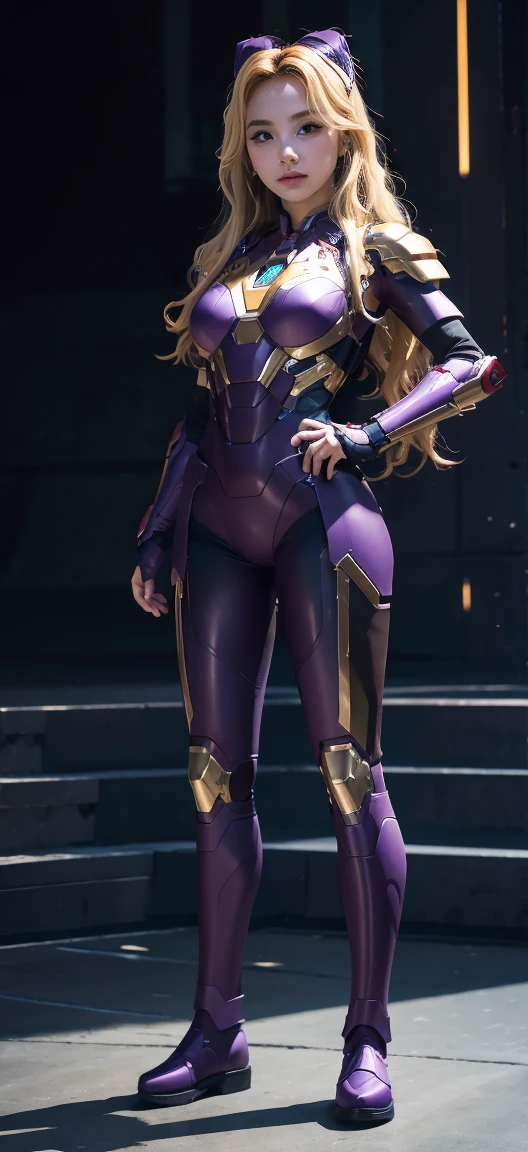 Full Body Photo. Standing in a full height. Studio Background. 8k HD good quality image. Chaeyoung from TWICE has an ideal body, big breast, big butt, sexy wavy body, straight long hair, wearing a COLOURED Purple Iron Man armor without the helmet. Purple Iron pants. Purple Iron Boots. Mechanical big Purple hands. FULL BODY FROM HEAD TO TOE. Standing in a FULL HEIGHT FROM HEAD TO TOE. 

The picture must show a complete head to toe picture of Chaeyoung