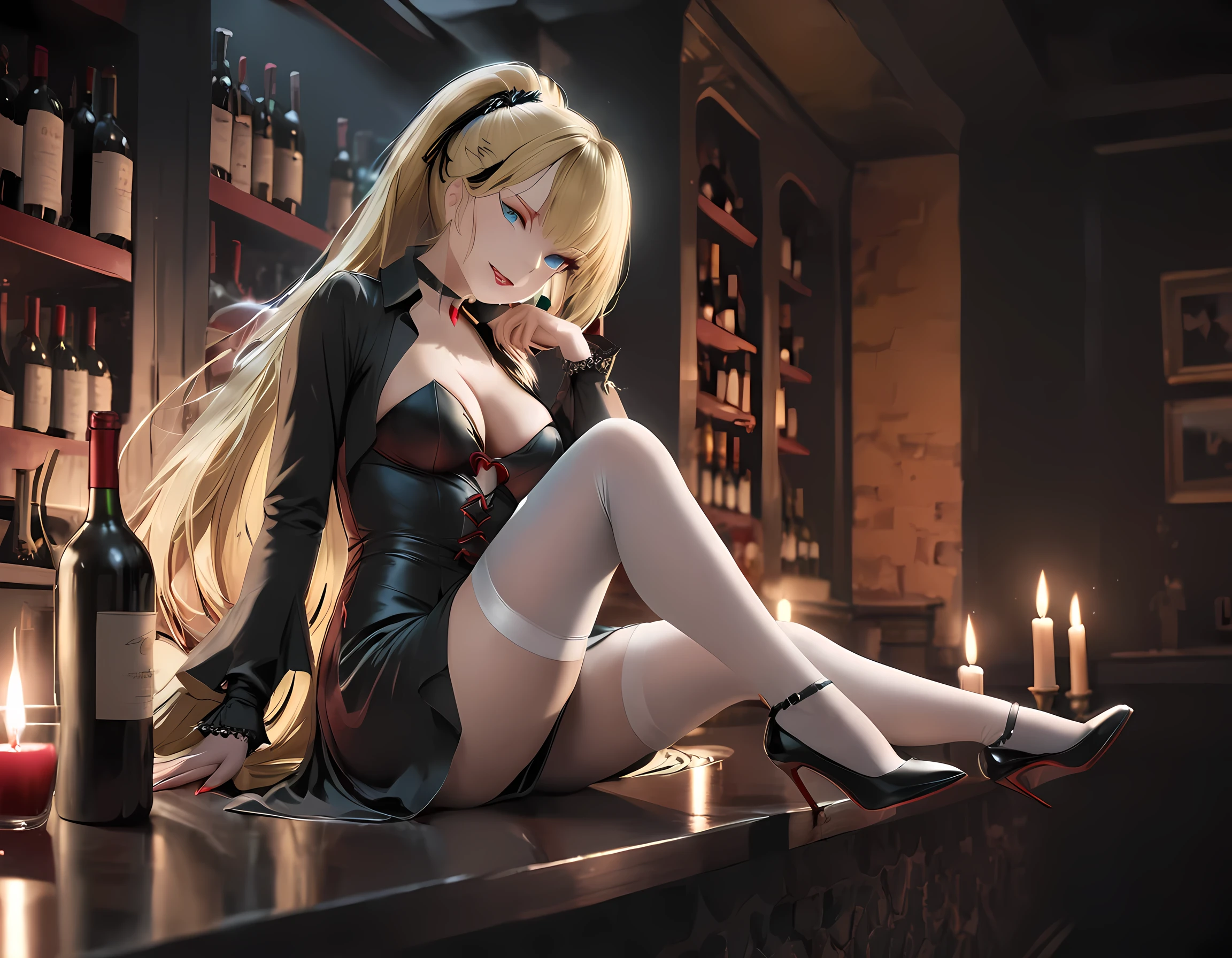 a picture of a beautiful woman  sitting in a goth bar , sipping a dark red cocktail, wearing a black mini dress, full body, slightly hiding the edge of white silk stocking, (vampiric fang: 1.3), wearing high heels, smirking, glasses, black choker, make up, blond hair, long hair, ponytail, very long hair, hair strand, hairpin, eye reflection, intense azure eyes, light makeup, shy, blush, goth bar background, wine bottles, lit with candles, photorealistic, Realism, depth of field, cinematic lighting, dim light, full body, silhouette, from side, Ultra-Wide Angle, retina, UHD, best quality, 16k, highres, high details, NRART, vampire teeth