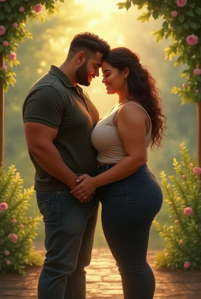 Romantic fat couple kissing in the classic wind