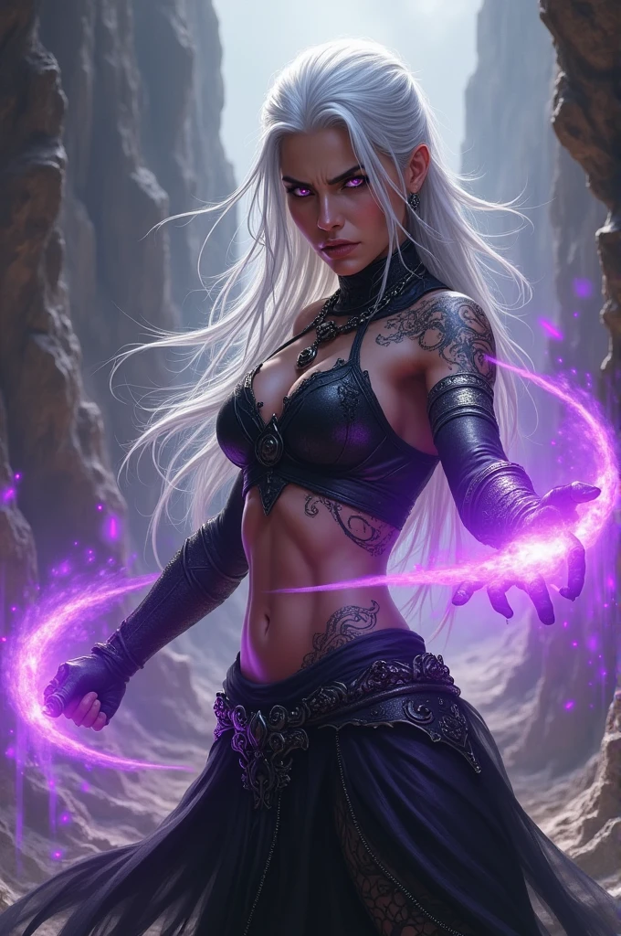 very old woman of 80 years ,with many wrinkles on the skin,She is a warrior goddess,with very long straight hair with braids, bun and blonde bangs,con armadura very sexy,Fitness ass,cuolna,very big tight tits,minimalist set,with a powerful staff,red eyes,eyes thickly lined with black,With horns,very sexy,very skinny body,too thin waist,ass with thong,posing sideways,LOOKING AT THE SPECTATOR,surrounded by magical energy,surrounded by violet fire and electric rays,Real photo,human photo,photo without animation,Real photoista,non-animated photo,