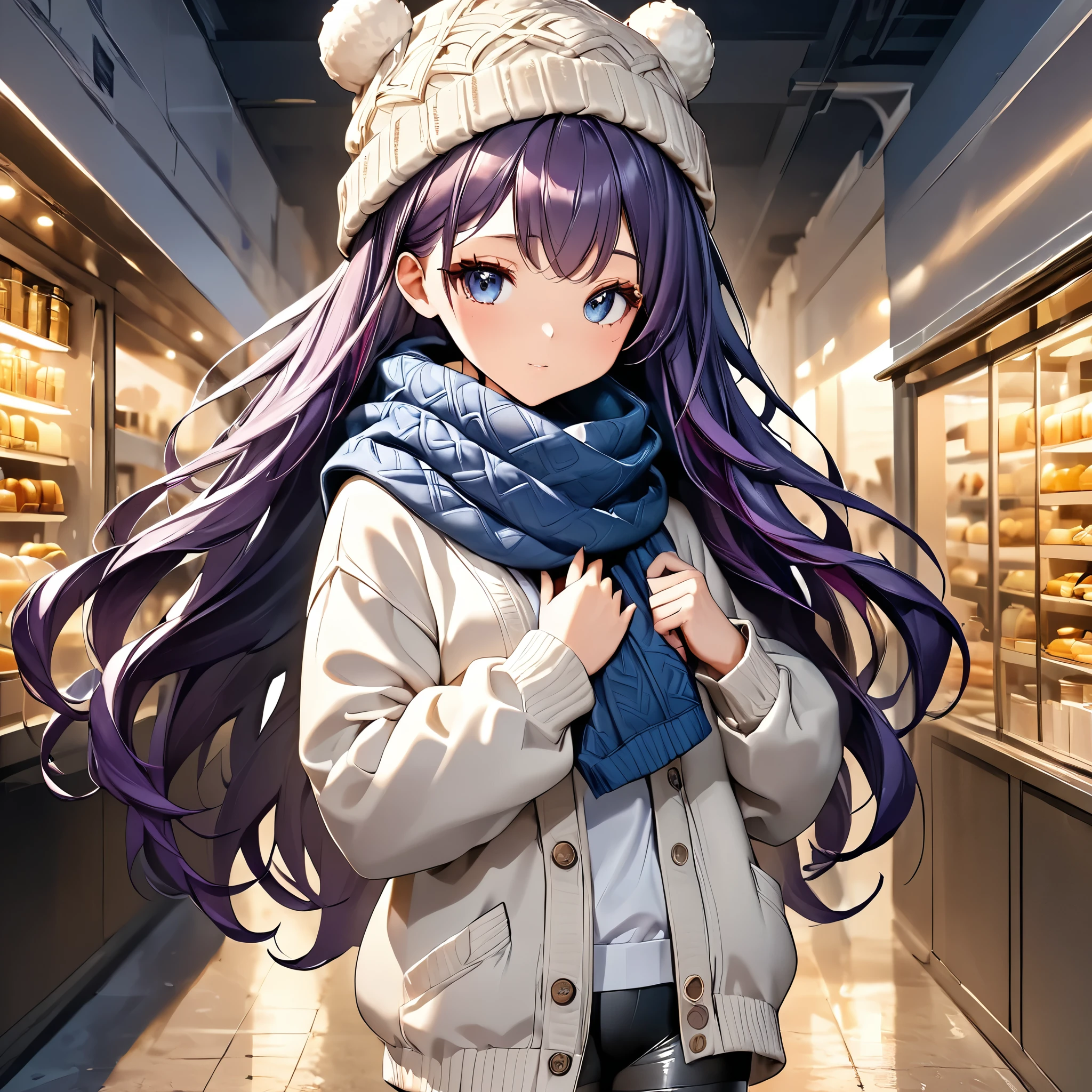 Masterpiece, 4k, HDR, full HD, (best quality), (ultra detailed), (only), intricate ANIME TYPE, best quality, 1girl, very expressive eyes, deep purple hair , hyper beautiful face, purple hair, perfect anatomy, shiny skin, full body, alone (shiny purple hair, long hair), looking at viewer, bright blue eyes, perfect hands, perfect legs, super detailed clothes, intricate clothes, Comfortable and cozy look: Long gray knit cardigan, thermal leggings, camel UGG boots and wool hat with pompom. Accessories: infinity scarf and crossbody bag. hyper detailed cloths, super detailed face, detailed eyes, super detailed skin, super detailed quality, closed eyes, u_u , JK