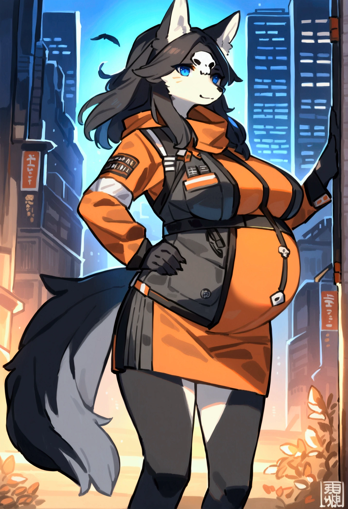 top quality, best quality, by estper, High-quality illustrations, masterpiece, uploaded on e621)(kemono, furry, anthro, alone), The Division, round, 1 female, hot mother figure, very detailed body face and eyes, jackal, Seth, (Tokyo Afterschool Summoners), brown fur, fluffy, big breasts, tail, perfect eyes, green sclera eyes, Agent clothes, Agent equipment, panties, The Division Manhattan, body movement, body twitching, hyper pregnant, shy smile, red blushing,