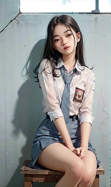 18 year old girl, (((in clash room))), (white long-sleeved shirt, very transparent), (wet shirt), (very transparent skirt), gray skirt, gray tie, loose tie, nice breasts, her nipples protruding, her injured arm bleeding, her face sweaty. sitting leaning against the old wall, expression tired, sore. wearing army equipment over the clothes
RAW photo, (photorealistic: 1.37, realistic), highly detailed 8K integrated CG wallpaper, 1girl, ((slim body:1)), (small breasts:1.3), looking at the viewer, ((straight from the front)), (HQ skin :1.2), (clear skin:1.2) , 8k uhd, dslr, cloudy weather, soft lighting, high quality, Fujifilm legs, two arms, long legs, (wide waist :1.2), (big thighs:1.3)