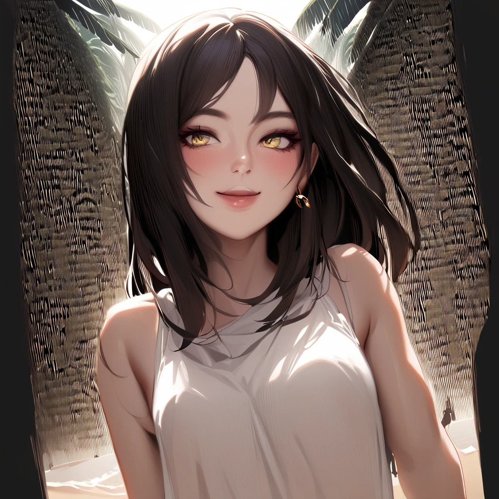 A beautiful young woman with detailed eyes, long eyelashes, and a sexy evocative smile stands on a beach, wearing a white shirt, pantyhose, and earrings. She has shiny skin, a slight blush, and skin indentation. The scene includes palm trees and a crowd in the background. The image is a realistic, high-quality masterpiece, with perfect facial features, sharp focus, and trending on ArtStation and CGSociety.