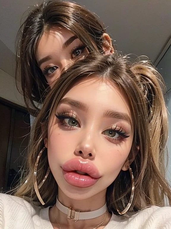 A fully body nude two headed extremely busty Latina pornstar, one head is a 35 year old sexy milf with plump lips and the second head is her young 18 year old virgin daughter. The older head is eyeing the viewer with lust and the younger head looks apprehensive about having sex for the first time. 